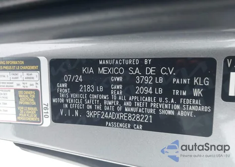 2024 Kia Forte Lxs z USA, uszkodzony, nr VIN 3KPF24ADXRE828221